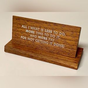 1970s Vintage Solid Walnut Wooden Work Office Desk Sign Plaque